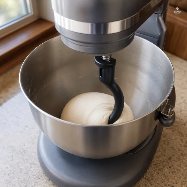 A stand mixer dough hook kneads one smooth cohesive dumpling dough ball in a bowl with mostly clean sides