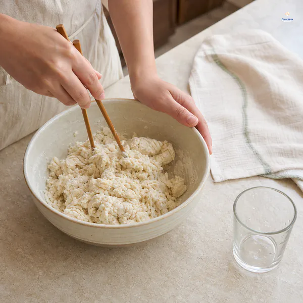 Chopsticks combine flour and water into a shaggy dumpling dough with no loose dry flour remaining