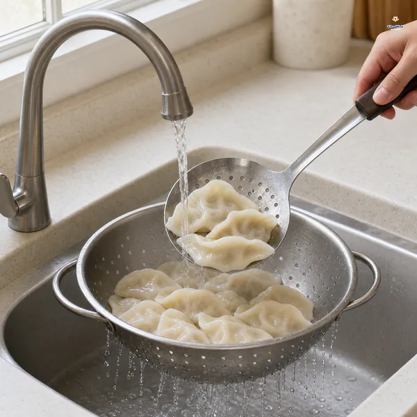Freshly boiled dumplings receive a brief cool tap-water rinse in a metal colander before draining