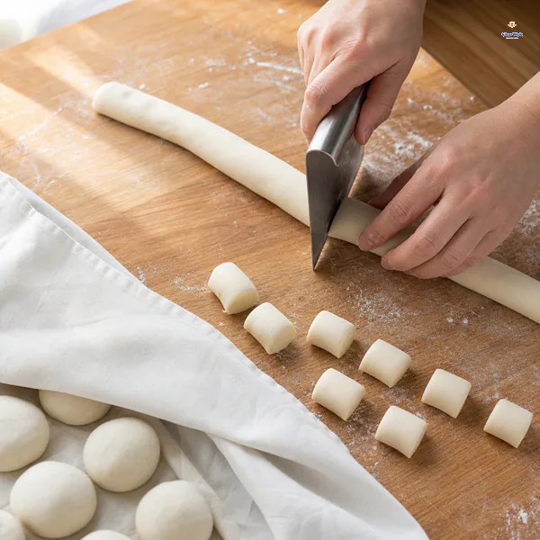 A bench scraper cuts one dumpling dough rope into equal portions while the remaining dough stays covered