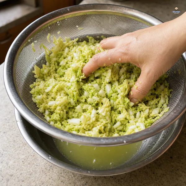 Finely chopped salted Napa cabbage wilts in a metal colander while extracted green-tinted water collects below