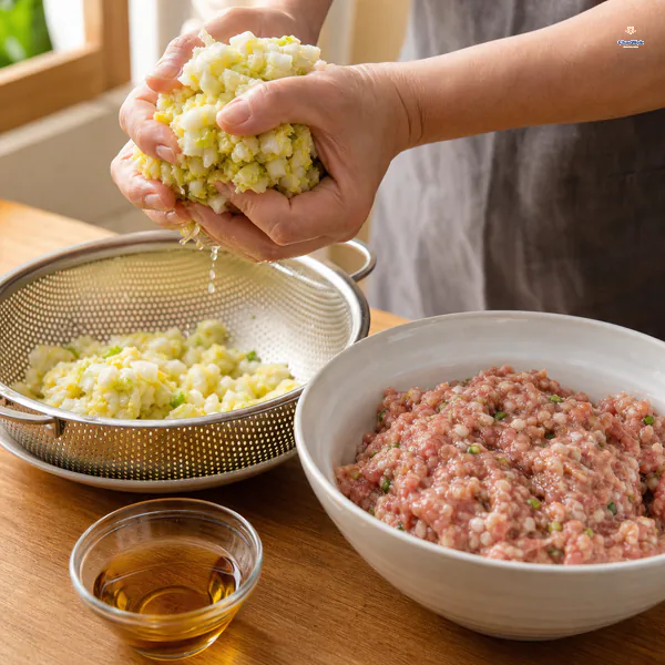 Two hands squeeze wilted chopped Napa cabbage over a colander beside sticky pork filling and a small bowl of sesame oil