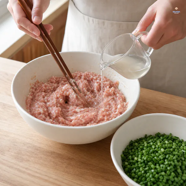 Soaking liquid is poured gradually into seasoned ground pork while chopsticks stir in one direction and scallions wait nearby