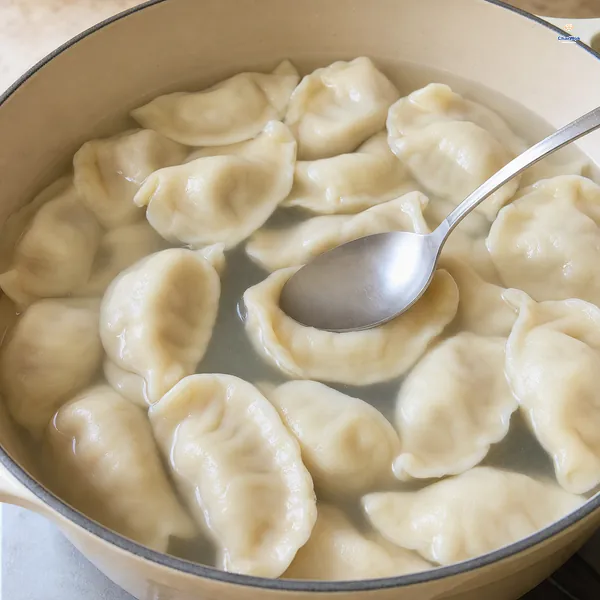 Plump boiled dumplings float at the surface after three cooling cycles while a spoon checks one springy wrapper