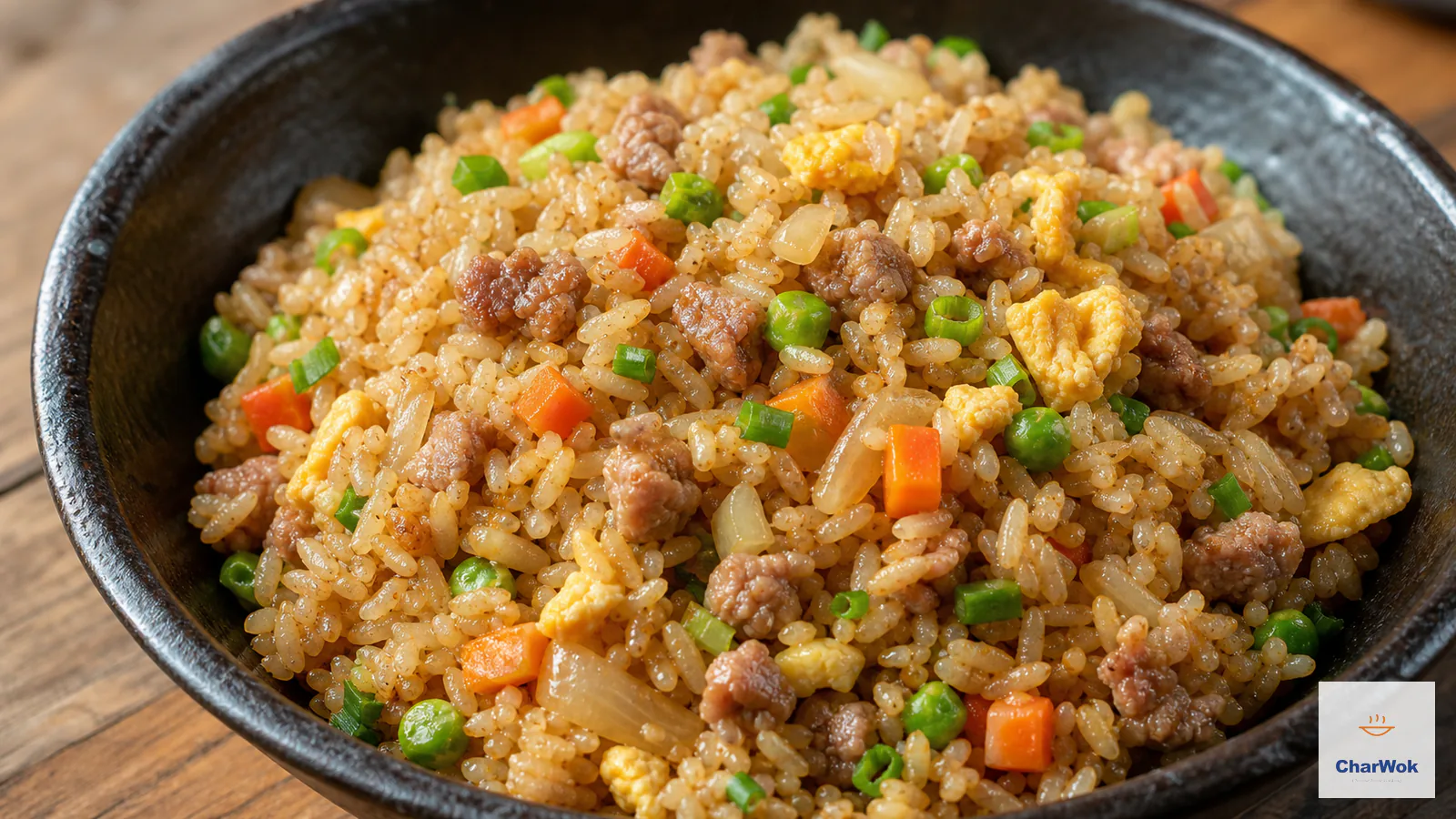 Pork fried rice with browned ground pork, scrambled egg, peas, carrot and scallions served in a blue-rimmed bowl