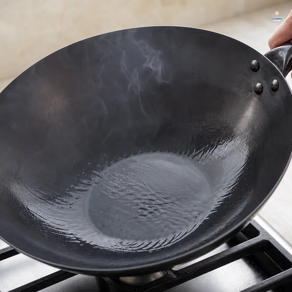 A thin shimmering layer of oil coats a thoroughly preheated seasoned carbon-steel wok without visible smoke