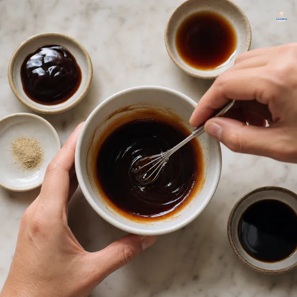 A small whisk combines oyster sauce, light soy sauce, dark soy sauce and white pepper into one smooth dark seasoning