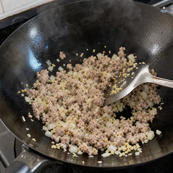 Crumbled pork that has reached 71 degrees Celsius is tossed with diced onion, minced garlic and ginger as the onion begins to turn translucent