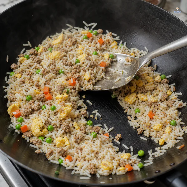 Loose jasmine rice, pork, peas, diced carrot and scrambled egg move around a clean dry spatula trail in a hot wok