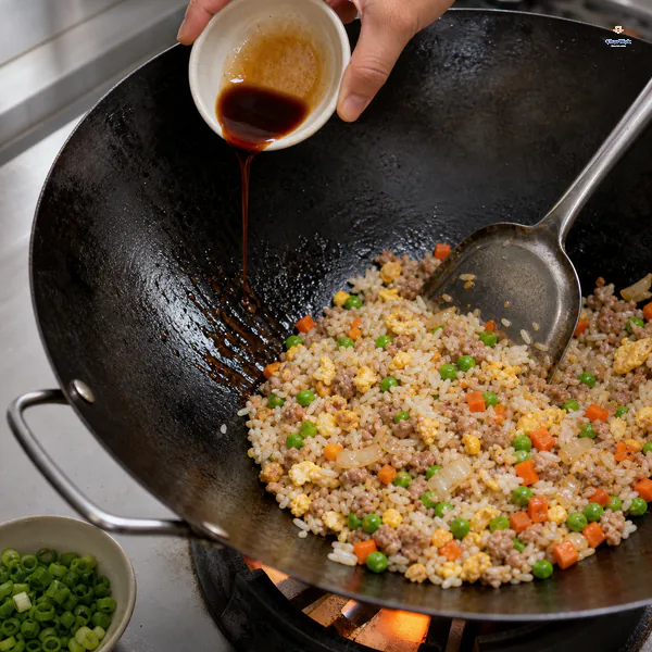Dark oyster-soy seasoning is poured onto the exposed hot wok wall beside pork fried rice while scallions wait nearby