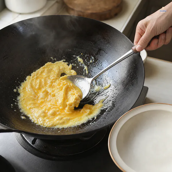 A wok spatula pushes partly set beaten egg into small glossy golden curds while a little runny egg reaches the hot surface