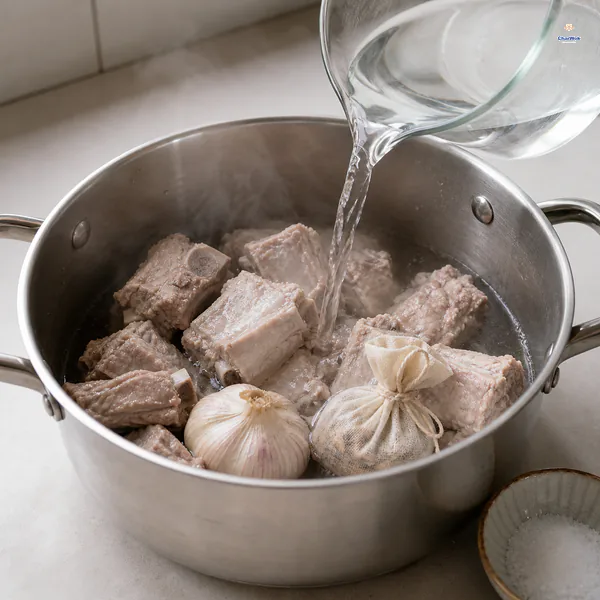 Steaming hot water is poured over blanched ribs in a clean pot with one whole garlic bulb, a tied peppercorn bag and salt