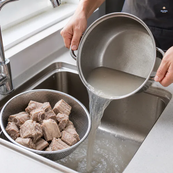 Blanched pork ribs drain in a metal colander while cloudy first-boil water is poured from the pot into the sink