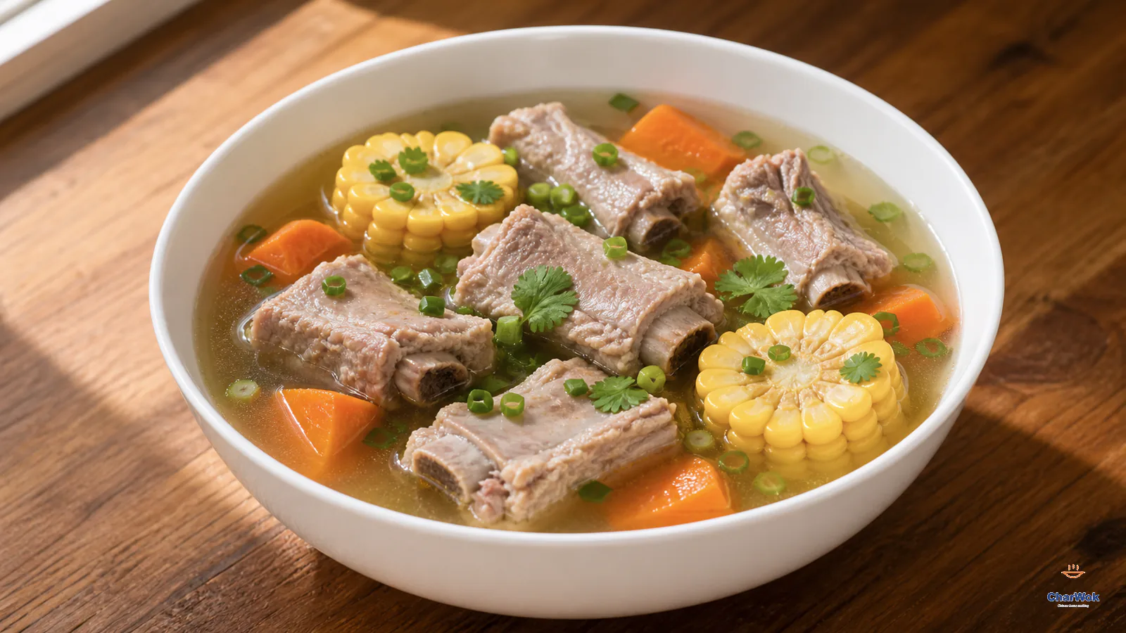 Clear Chinese pork rib soup with tender bone-in ribs, corn rounds, carrot chunks, scallions and cilantro, with the garlic and peppercorns removed
