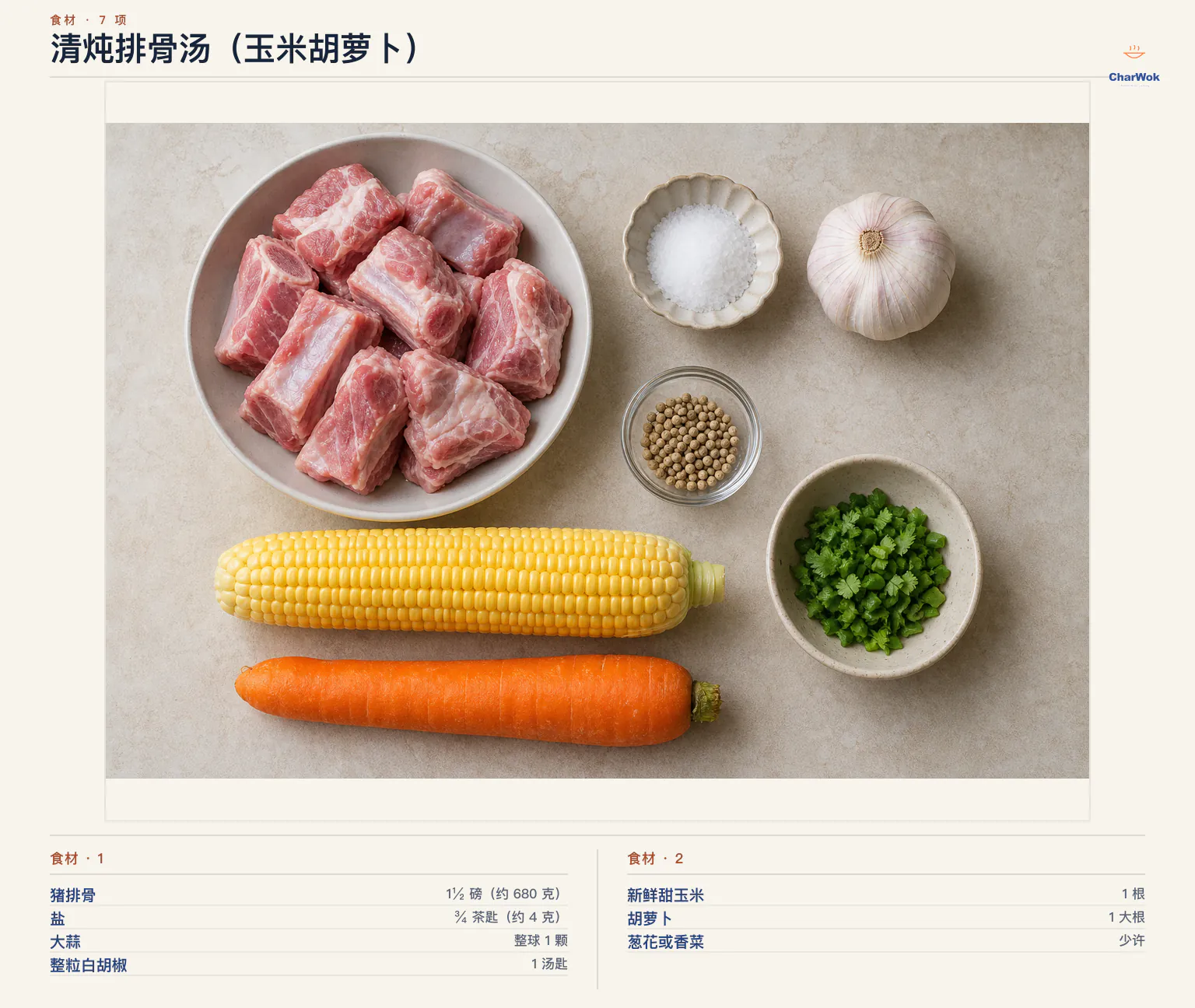 清炖排骨汤(玉米胡萝卜)完整食材俯拍平铺图