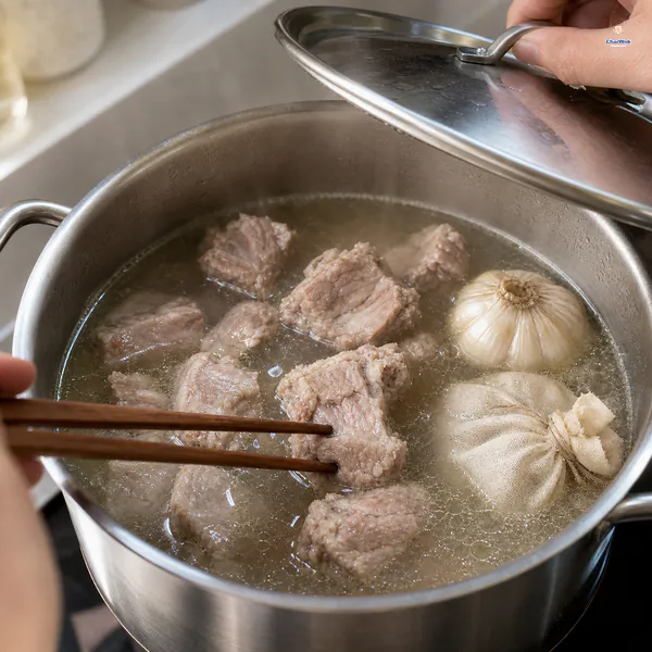 Chopsticks easily pierce a pork rib in clear broth with only small lazy bubbles while the lid is lifted after the low simmer