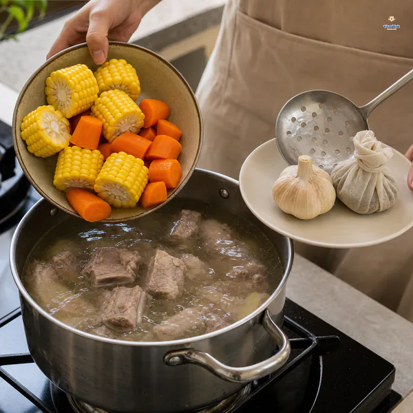 The cooked whole garlic bulb and peppercorn bag rest on a side plate as corn rounds and carrot chunks are added to the rib broth