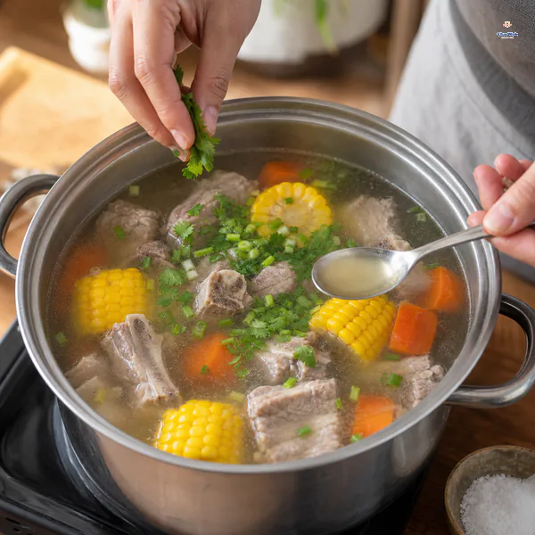 A spoon tastes clear pork rib broth while chopped scallions and cilantro are sprinkled over the finished corn and carrot soup