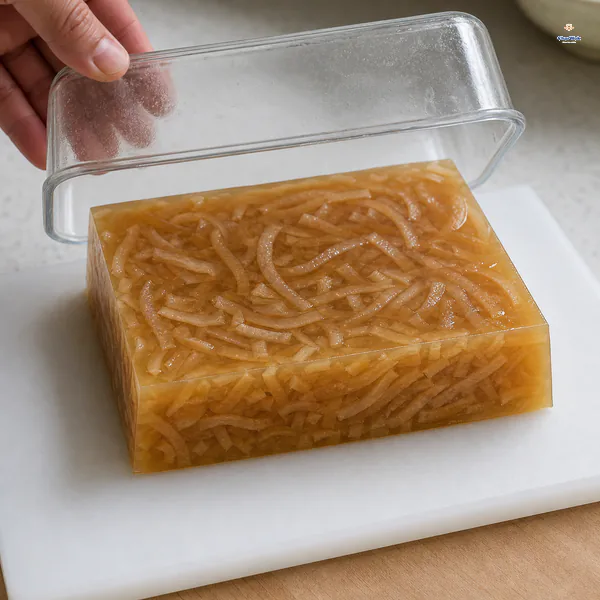 A firm amber-translucent pork rind jelly block with sharp edges is unmoulded intact after refrigeration