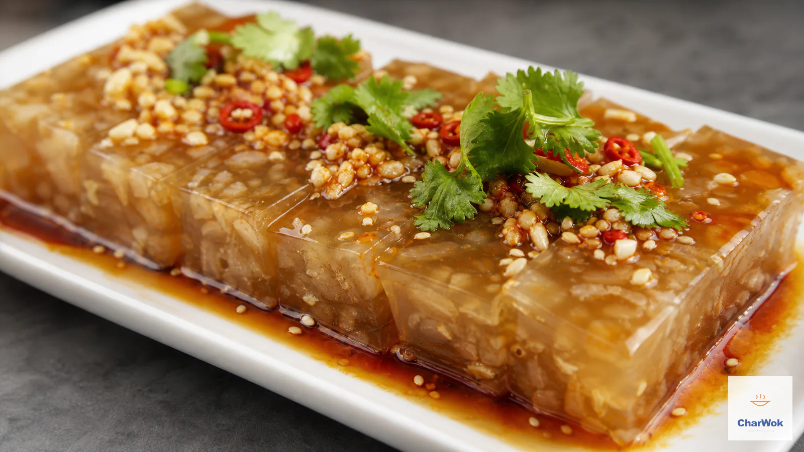 Amber-translucent pork rind jelly cubes with fine skin strips, black-vinegar chili dressing, garlic, white sesame and cilantro