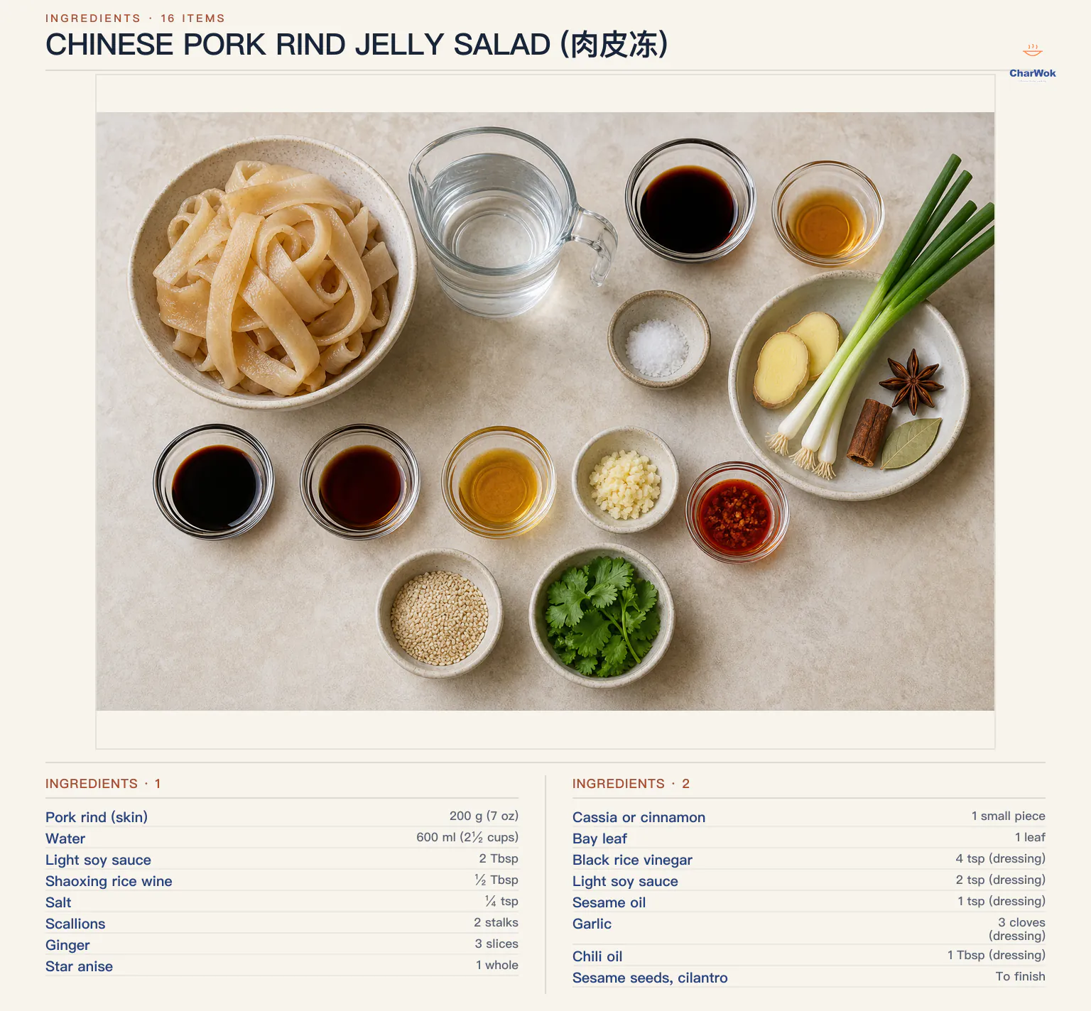 Ingredients for Chinese Pork Rind Jelly Salad (肉皮冻), arranged in a top-down flat lay