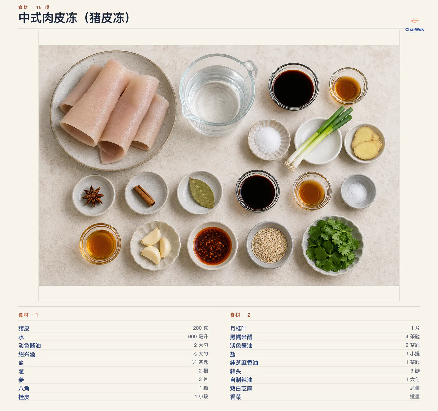 中式肉皮冻(猪皮冻)完整食材俯拍平铺图