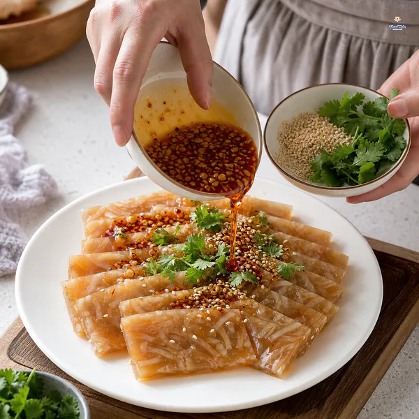 Black-vinegar garlic chili dressing is poured over thin pork rind jelly slices with white sesame and cilantro