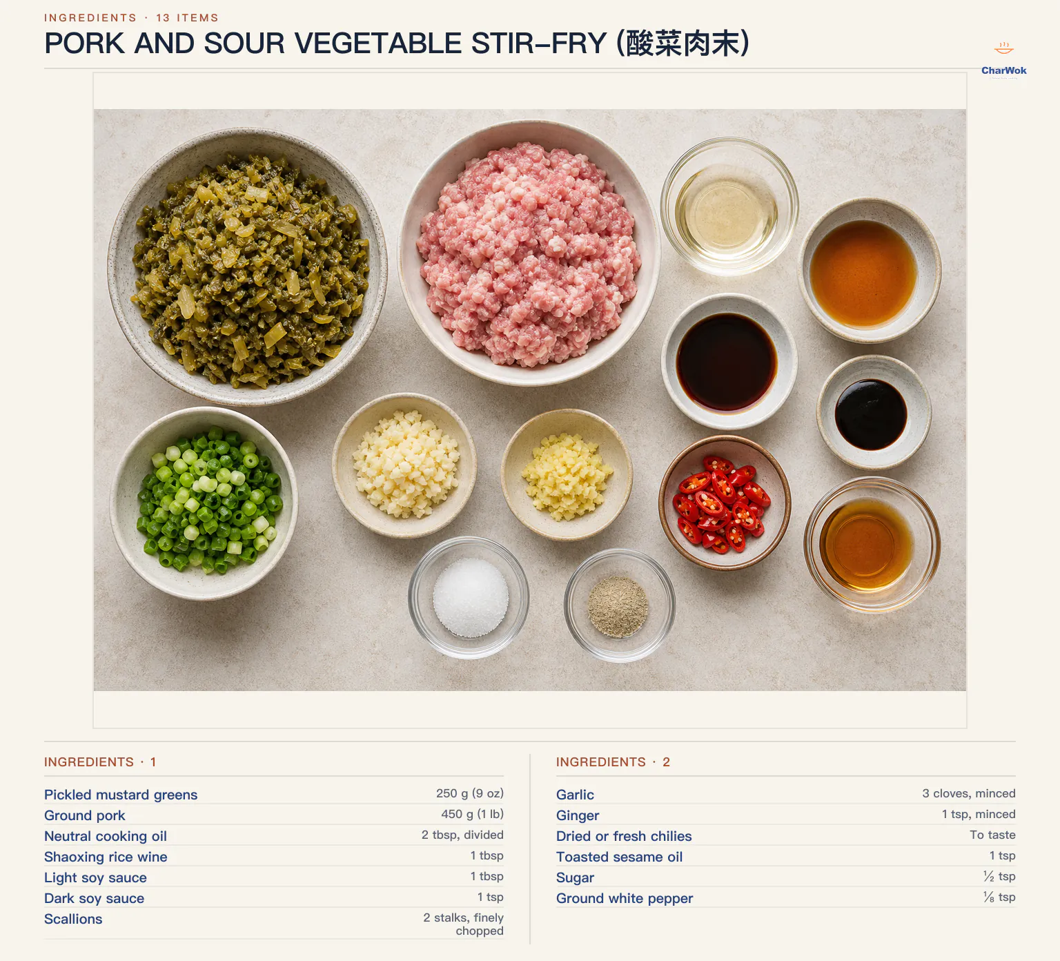 Ingredients for Pork and Sour Vegetable Stir-Fry (酸菜肉末), arranged in a top-down flat lay