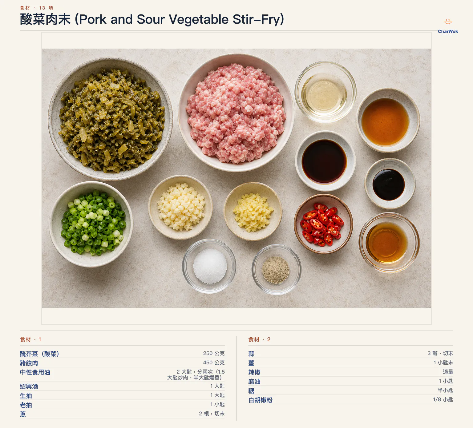 酸菜肉末 (Pork and Sour Vegetable Stir-Fry)完整食材俯拍平鋪圖