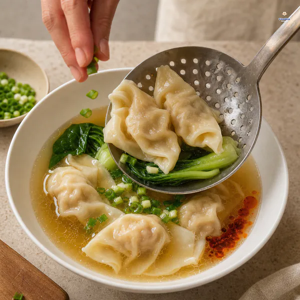 A slotted spoon lowers cooked wontons and bok choy into clear broth as chopped scallion and a small optional chili-oil drizzle finish the bowl