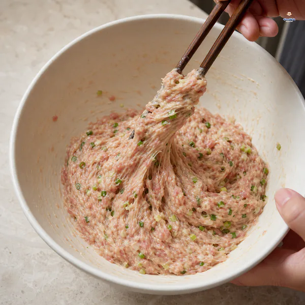Seasoned pork and scallion filling stretches in sticky strands from chopsticks above a mixing bowl with no liquid pooling below