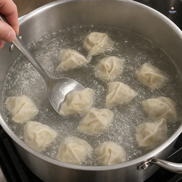 Fully sealed pale wontons boil in clear water while a metal spoon nudges them apart from the bottom