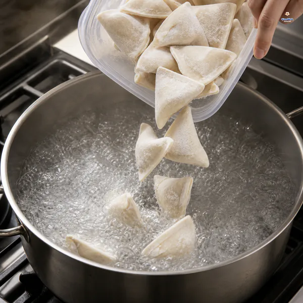 Frosted fully sealed wontons tip straight from an unlabelled container into a wide pot of vigorously boiling water