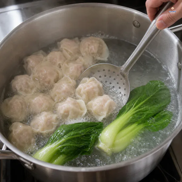 Pork wontons float in clear boiling water beside two baby bok choy heads and a slotted spoon