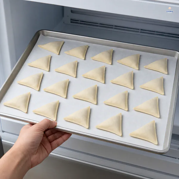 Fully sealed raw wontons sit apart in one uncrowded layer on a parchment-lined tray entering the freezer