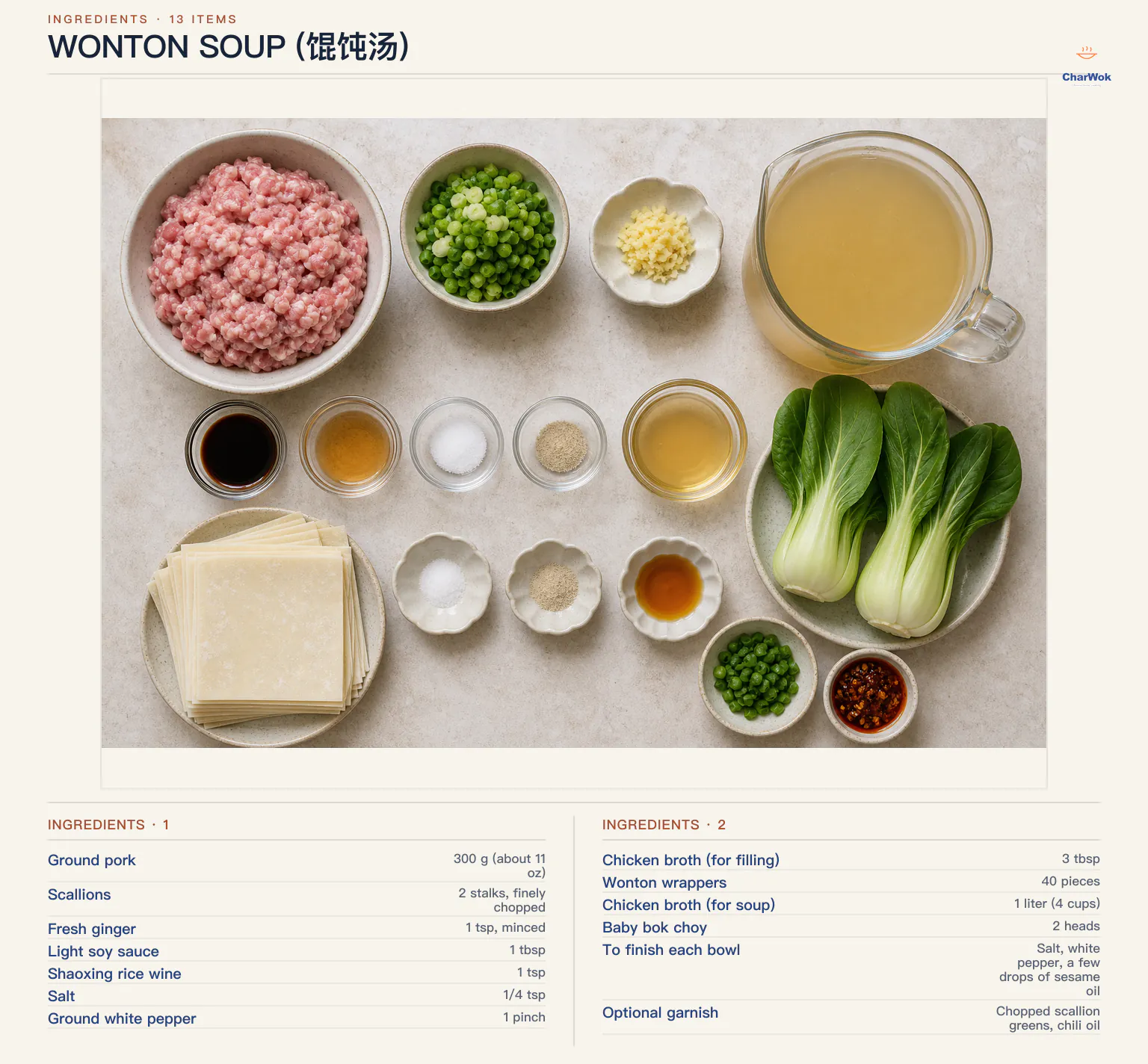 Ingredients for Wonton Soup (馄饨汤), arranged in a top-down flat lay