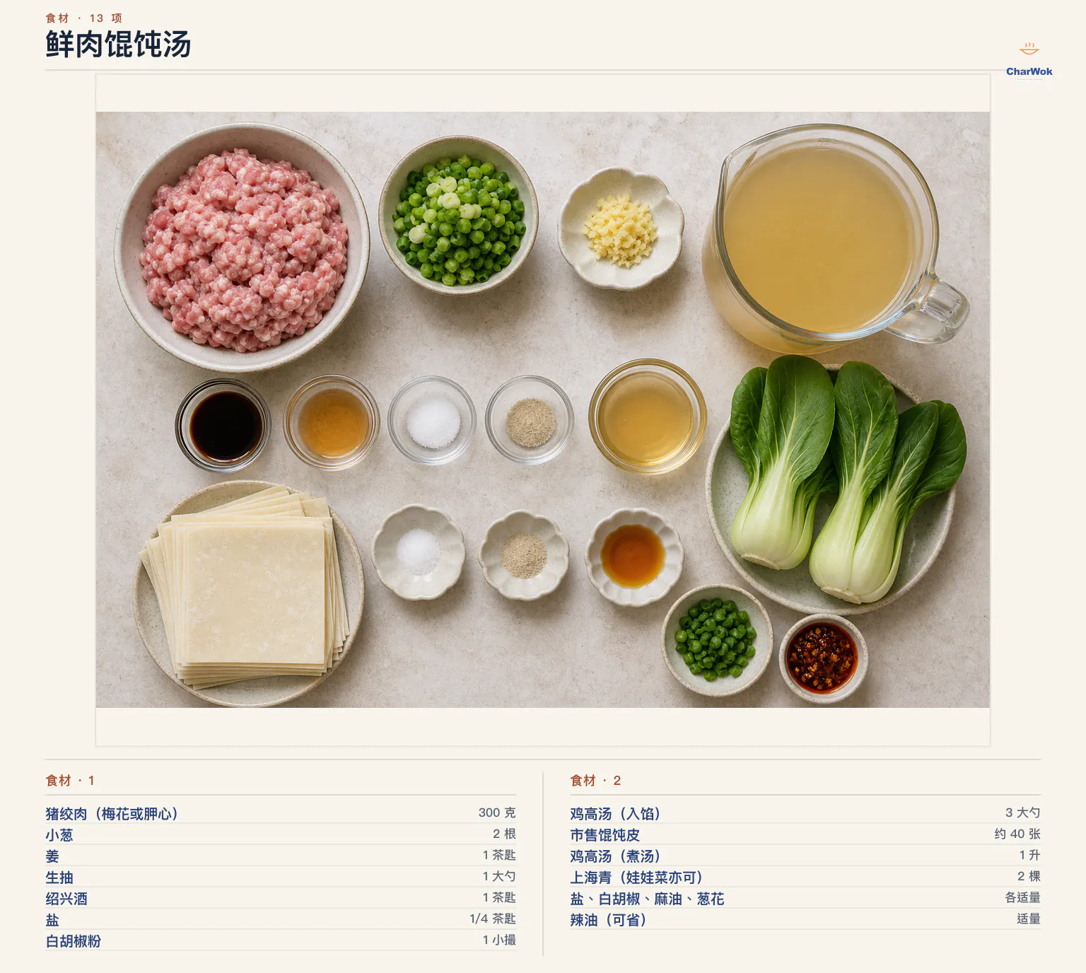 鲜肉馄饨汤完整食材俯拍平铺图