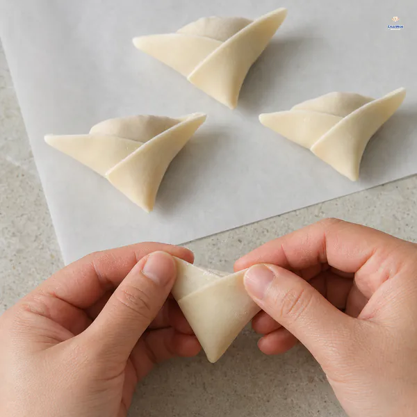 Hands firmly press the seam of a modestly filled triangular wonton while three fully sealed parcels rest behind it
