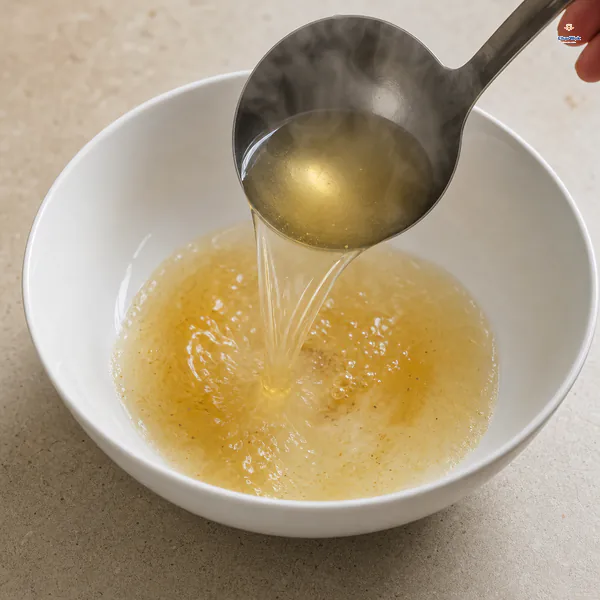 A ladle pours steaming clear golden broth into a white bowl already flecked with white pepper and sesame oil