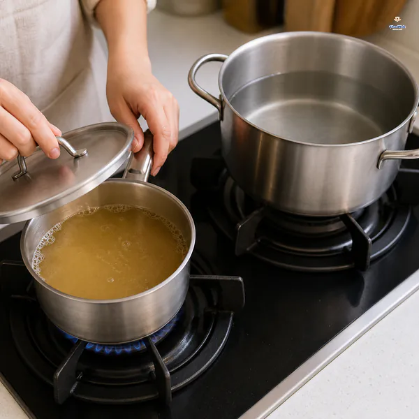 Clear golden chicken broth warms under a lid in one saucepan while plain water heats separately in a wide pot