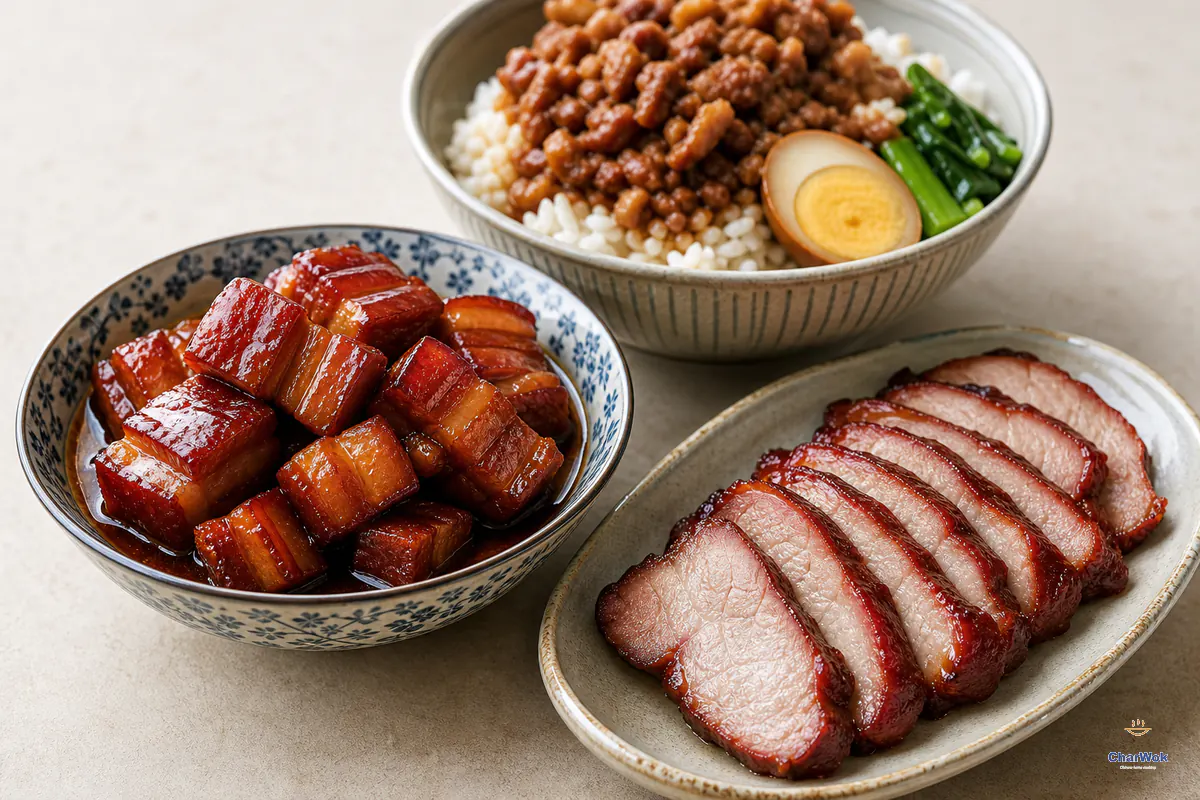 Red-cooked pork belly, sliced char siu and Taiwanese braised pork rice
