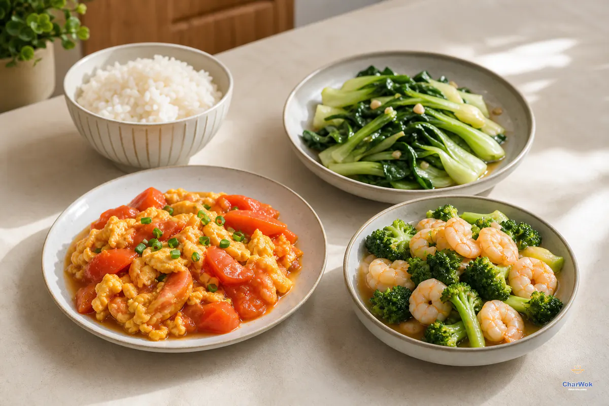 A quick Chinese dinner of tomato eggs, garlic bok choy, shrimp and broccoli, and rice