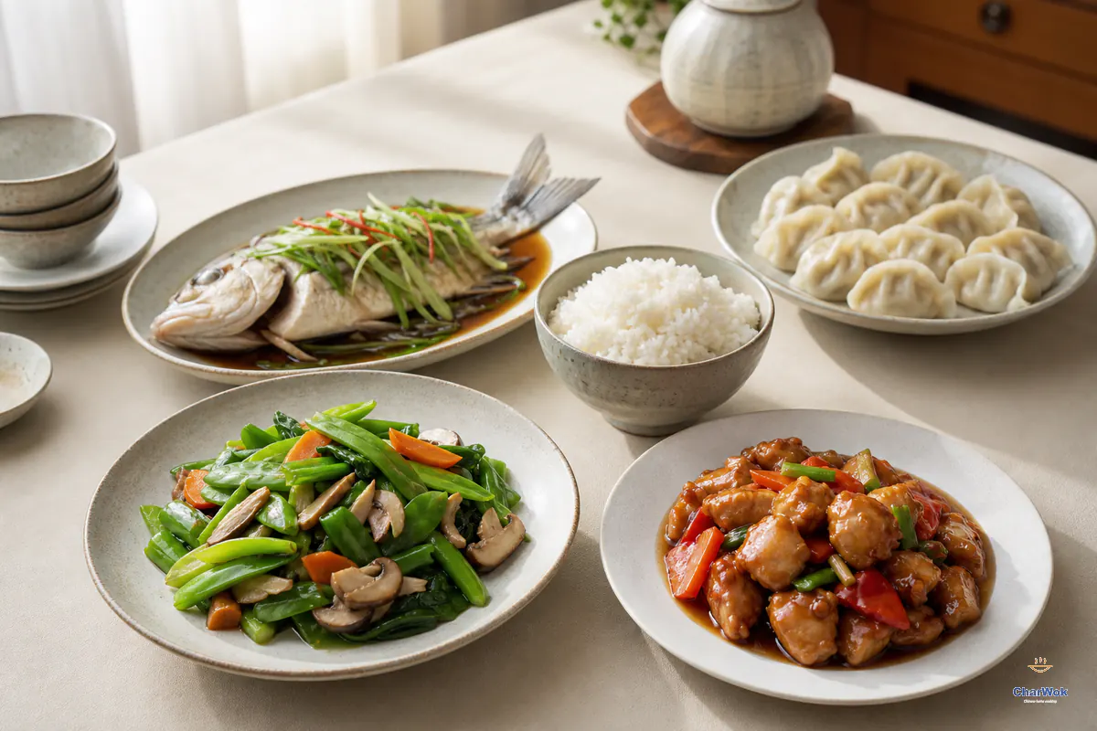 A complete Chinese family meal with fish, chicken, vegetables, dumplings and rice