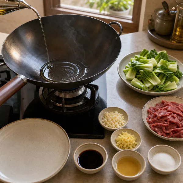 Neutral oil streams into a faintly smoking empty carbon-steel wok beside evenly cut bok choy, sliced beef, aromatics, separate seasonings and an empty plate