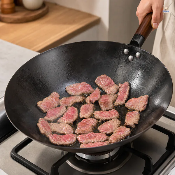 Thin velveted beef slices lie untouched in one layer with lightly browned set edges and still-pink upper centres in a hot wok