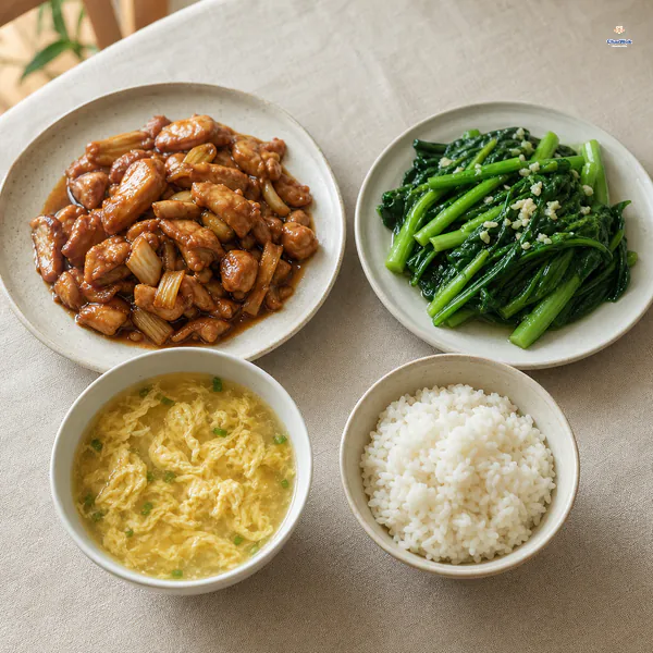 A complete home dinner pairs oyster-sauce chicken, bright cooked greens, clear egg-drop soup and plain steamed rice in four separate dishes