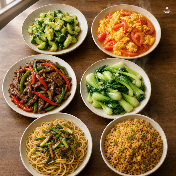 Exactly six dishes show smashed cucumber, tomato and egg, black-pepper beef, bright bok choy, scallion oil noodles and separate-grain soy fried rice