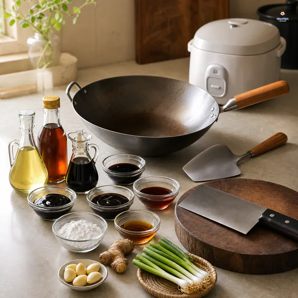 A carbon-steel wok, spatula, cleaver, cutting board and rice cooker sit beside unlabelled sauces, starch, garlic, ginger and scallions