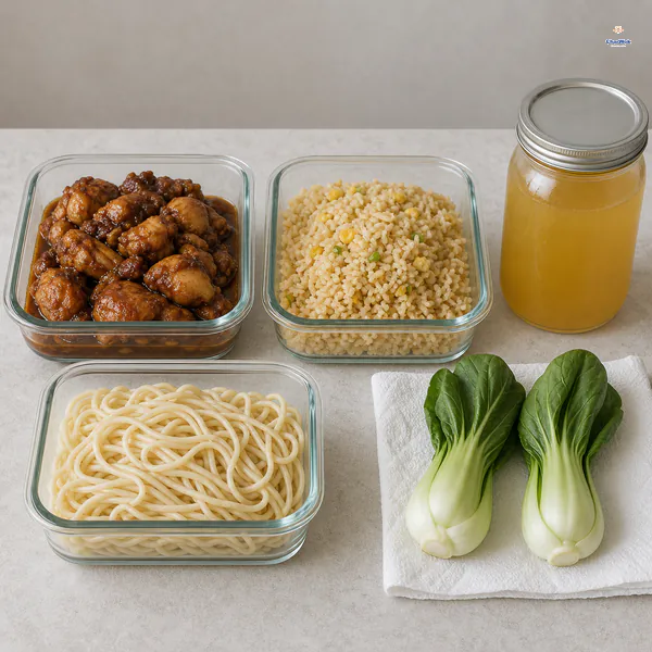 Cooled braised chicken, fried rice, clear broth and drained noodles occupy separate glass containers while two dry raw bok choy rest on a towel