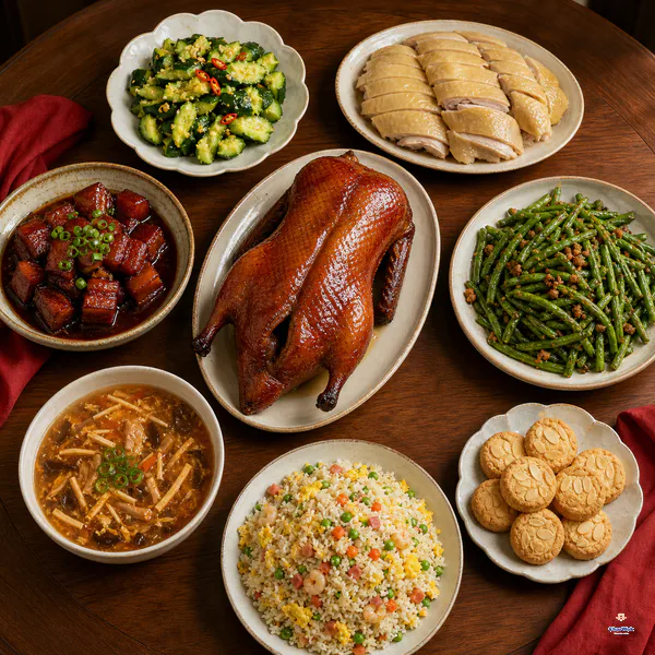 Eight festive dishes include smashed cucumber, sliced salt-baked chicken, a whole lacquered duck, red-braised pork, green beans, hot-and-sour soup, fried rice and almond cookies